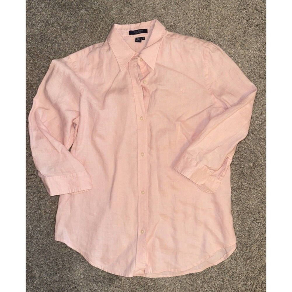 Chaps 100% Linen 3/4 Sleeve Women's Medium Pink Button Blouse Shirt